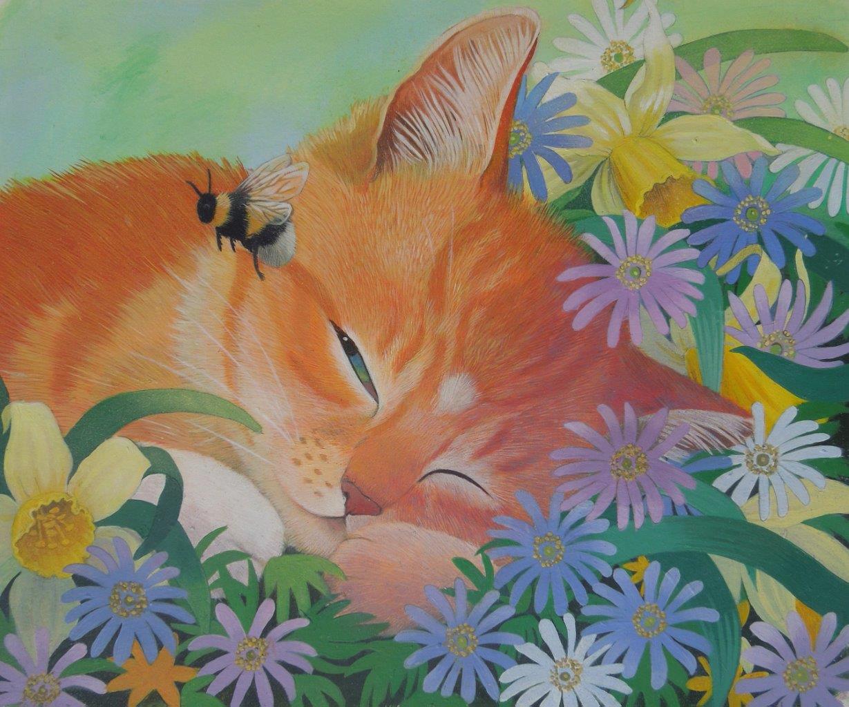 sleep tight ginger kitten and bee illustration