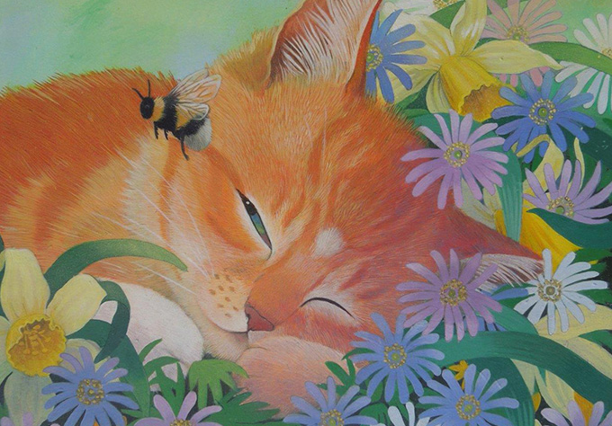 sleep tight ginger kitten and bee illustration